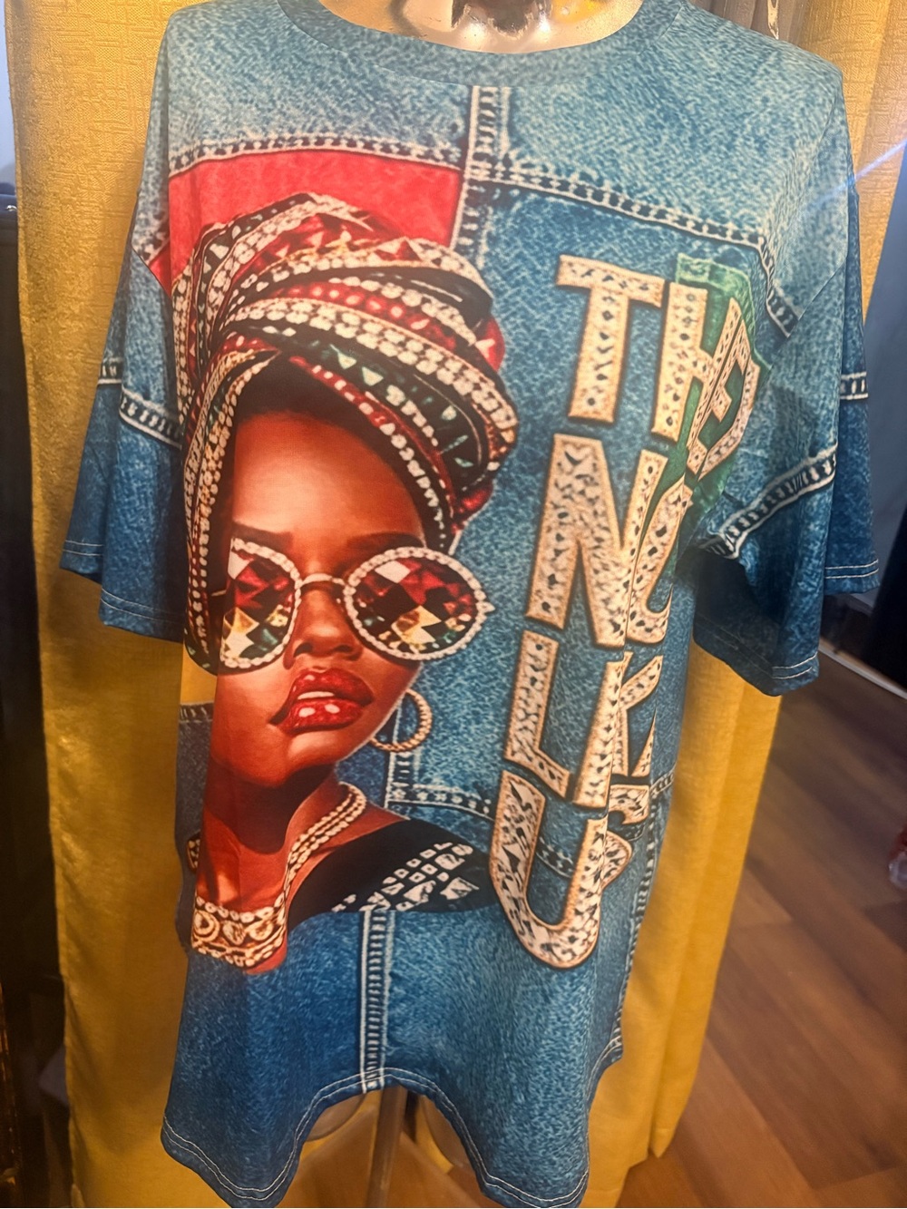 Graphic Denim-Print Tunic with Bold Portrait - Blue & Red